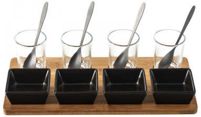 13 delig aperitiefset - glas - bamboe - porselein - lepeltjes