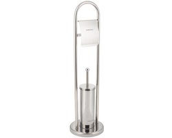 Kinghoff 3221 toiletborstel met toiletrolhouder, rvs, staand, zilverkleurig