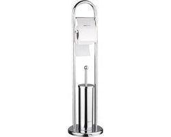 Kinghoff 3221 toiletborstel met toiletrolhouder, rvs, staand, zilverkleurig