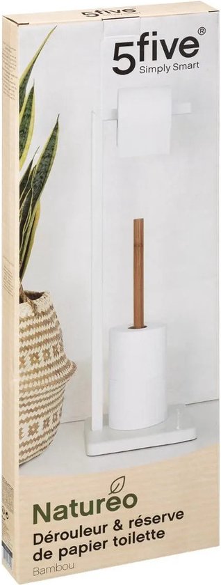 5five Toiletrolhouder - met reservoir - wit - metaal - bamboe - 64 cm - Wc-rol houder