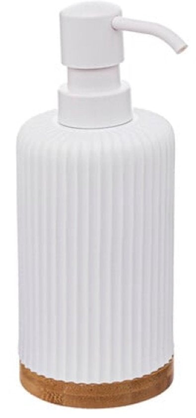 Badkameraccessoireset – Moderne Badkamer Accessoires – Zeeppomp & Tandenborstelhouder Set – Polyresin met Bamboe – Luxe Zeepdispenser & Beker – Wit