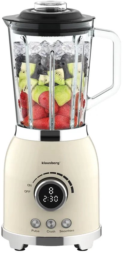 Klausberg - Blender - Smoothie Maker met LED Display - IJscrusher - Glazen Blender met 6 RVS Messen - Smoothie Blender met Timer - Keuken Blender 8 Snelheden - Crushed Ice Mixer - 1.5L - 600W - Crème