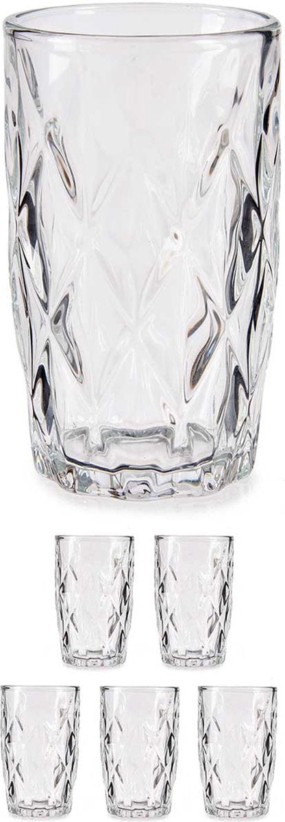 Set van 6x stuks luxe gedecoreerd glas drinkglazen/waterglazen van 340 ml transparant - Formaat per glas 8 x 12.5 cm