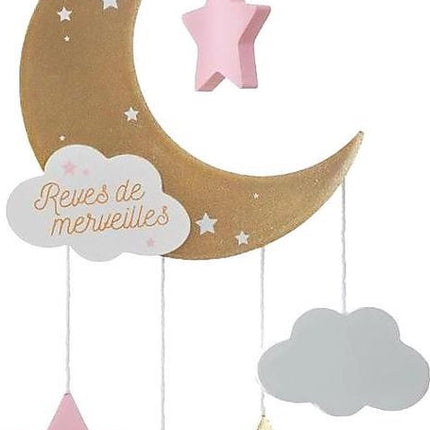 Kinderkamer Decoratie Maan Hout 43cm- Goud/Roze