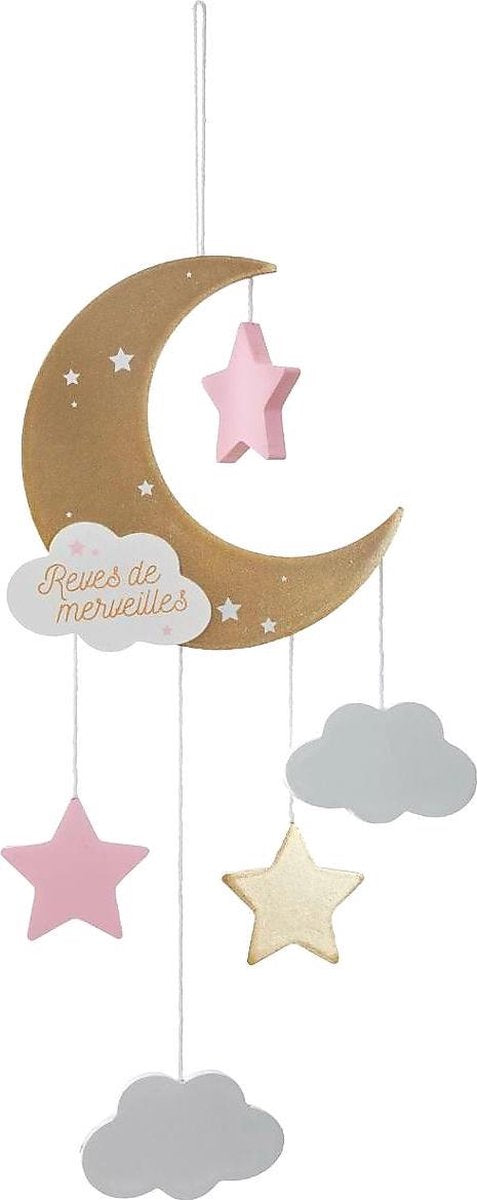 Kinderkamer Decoratie Maan Hout 43cm- Goud/Roze