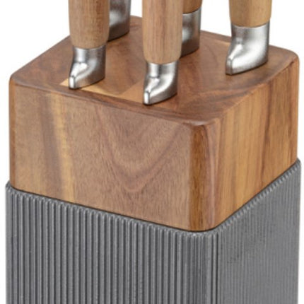 Klausberg KB-7983 6 Delig Messenset - 5 Messen met Acacia Houten Messenblok - Roestvrij Staal Keukenmessen Zwart - o.a. Broodmes , Vleesmes , Koksmes , Groentemes en Messenblok