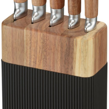 Klausberg KB-7981 6 Delig Messenset - 5 Messen met Acacia Houten Blok - Roestvrij Staal Zwart - Messenblok inclusief Messen - Natuurlijke Look - Koksmes - Broodmes -