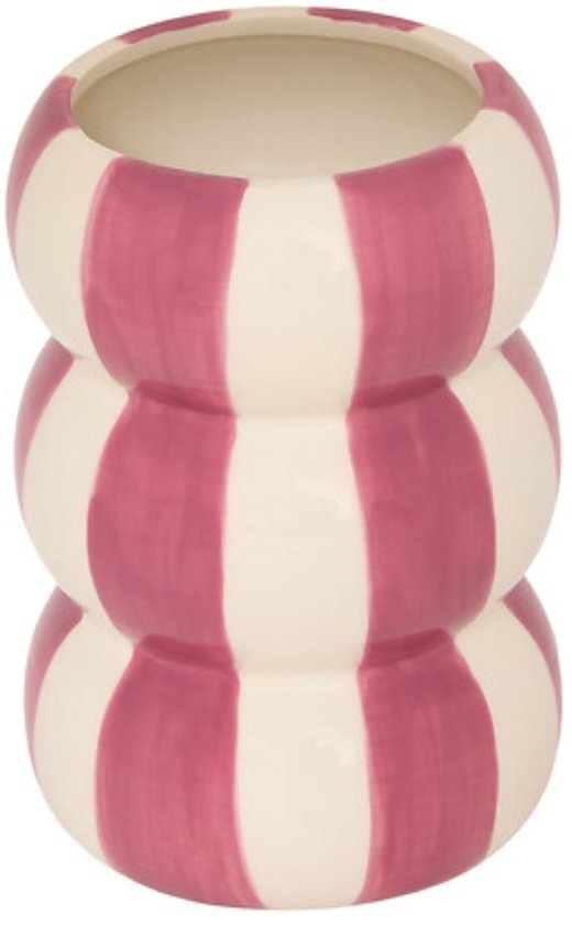 Vaas - Keramische Vaas met Gestreept Reliëf - Decoratieve Bloemenvaas - Waterdichte Design Vaas - Dolomiet - Ø11 x 15.8 cm - Roze