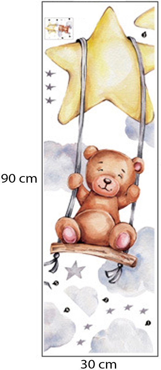 Sipo Wandsticker Beer op Schommel - Zelfklevende Muurdecoratie voor Kinderkamer - 74x54 cm - Schattige Beer Wandsticker voor Babykamer en Peuterruimte