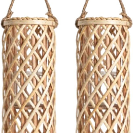 HOMLA Radiant set van 2 gevlochten houten lantaarns met handvat, 17 x 50 cm, naturel