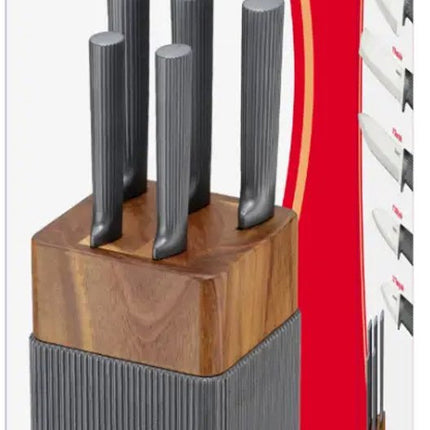 KLAUSBERG 6-Delige Messenset met blok – Acaciahouten Blok – RVS keukenmessen – Grafiet Handgrepen – KB-7982