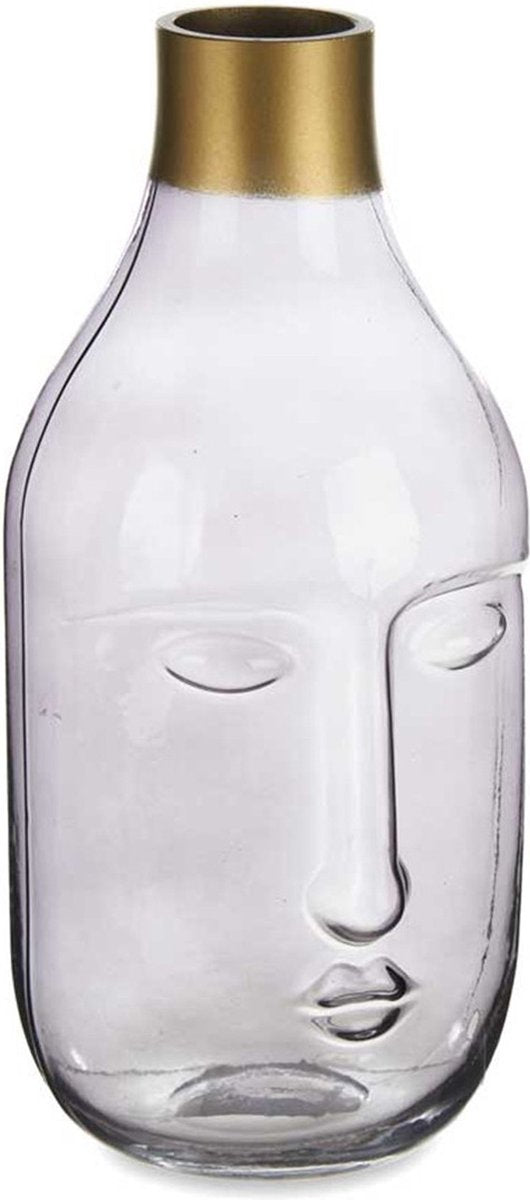 Giftdecor Bloemenvaas Crystal Face - luxe deco glas - grijs transparant - 11 x 24 cm - gouden top