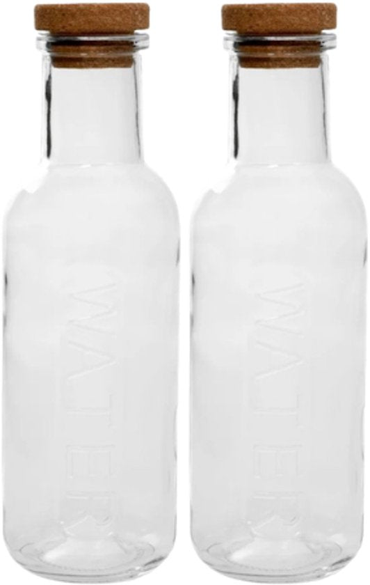 HOMLA - 2-Delige - Maeve Karaf - Glazen Waterkaraf met Kurken Stopper - Luxe Schenkkan voor Water, Sap & Dranken - Transparante Glazen Fles - Moderne Tafeldecoratie - 27.6 x 8 cm - 1L - Transparant