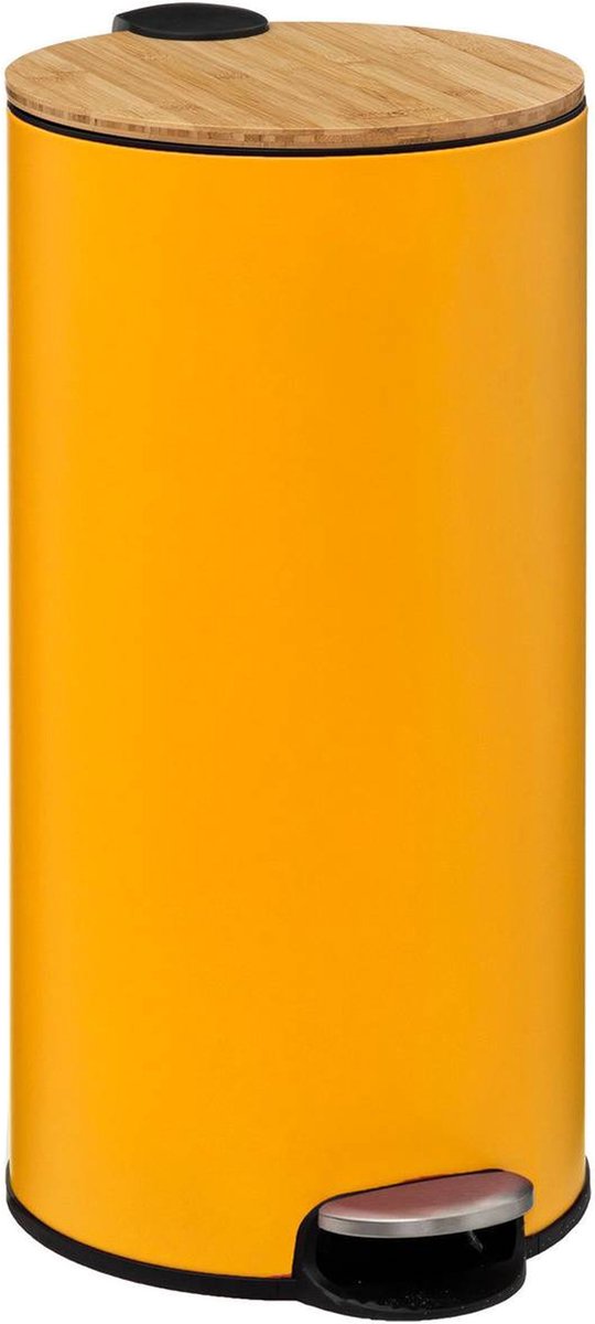 5Five prullenbak/pedaalemmer Bamboe - okergeel - metaal - 30 liter - 38 x 29 x 60 cm - keuken
