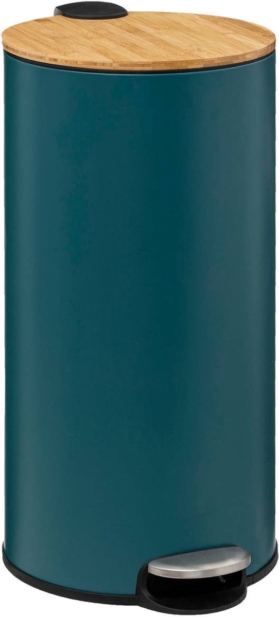 5Five prullenbak/pedaalemmer Bamboe - petrol blauw - metaal - 30 liter - 38 x 29 x 60 cm - keuken