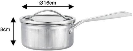 Rvs steelpan 16 cm met afgietdeksel en maataanduiding, tri-ply, alle warmtebronnen