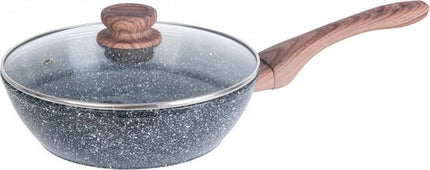 Kinghoff wokpan met deksel 24 cm - graniet antiaanbaklaag, houtlook handgrepen