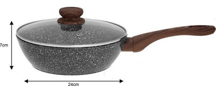 Kinghoff wokpan met deksel 24 cm - graniet antiaanbaklaag, houtlook handgrepen