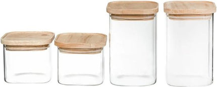 Set van 4 voorraadbussen/voorraadpotten glas met houten deksel - 500 ml - 1000 ml - Voorraadpotten met luchtdichte deksel