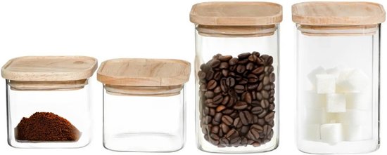 Set van 4 voorraadbussen/voorraadpotten glas met houten deksel - 500 ml - 1000 ml - Voorraadpotten met luchtdichte deksel