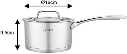 Steelpan 16 cm met glazen afgietdeksel en maataanduiding, rvs