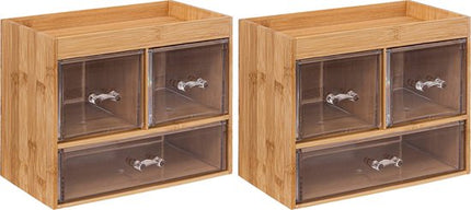 5Five sieraden/make-up organizer - 2x stuks - 3 lades - 24 x 20 cm - rechthoek - bamboe/kunststof