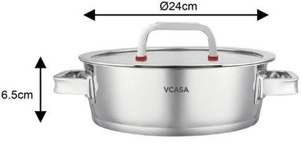Vcasa lage rvs braadpan 24 cm met glazen afgietdeksel, 2,7 liter