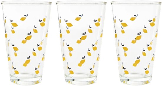 Homla - Drinkglas - Drinkglazen met Citroen Design - Set van 3 - Glazen Waterglazen - Voor Sap, Limonade, Cocktails & Frisdrank - 300 ml - Ø8 x 12 cm - Transparant