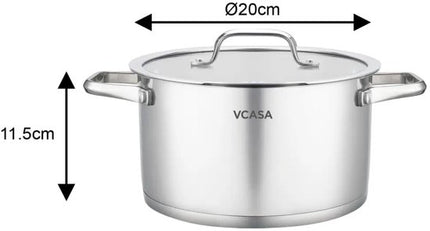 Vcasa RVS kookpan 20 cm met glazen afgietdeksel, 3,4 liter, alle warmtebronnen