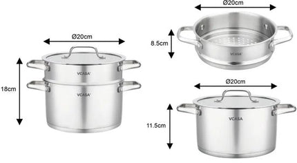 Vcasa 3-delige stoompan 20 cm, 3,4 liter, rvs 304 met stoominzet en deksel
