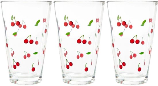 Homla - Drinkglas - Drinkglazen met Kersen Design - Set van 3 - Glazen Waterglazen - Voor Sap, Limonade, Cocktails & Frisdrank - 300 ml - Ø8 x 12 cm - Transparant