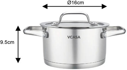 Vcasa kookpan 16 cm met glazen afgietdeksel en maataanduiding, 1,8 liter, rvs