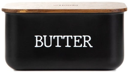 Homla - Avila Botervloot met Houten Deksel - Boterdoos Acacia Hout - Boter Bewaarbox Keuken - Stijlvolle Butter Dish - Boter Serveren & Bewaren - 0.73L - 15 x 10 x 7 cm - Zwart