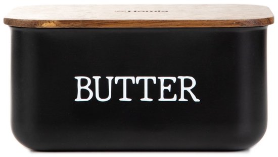 Homla - Avila Botervloot met Houten Deksel - Boterdoos Acacia Hout - Boter Bewaarbox Keuken - Stijlvolle Butter Dish - Boter Serveren & Bewaren - 0.73L - 15 x 10 x 7 cm - Zwart