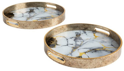 Dienblad - Set van 2 - Gouden Dienbladen - Glazen Dienbladen - Decoratieve Schalen - Serveerplateaus - Woondecoratie - Ø31.7 & Ø35 cm - Goud