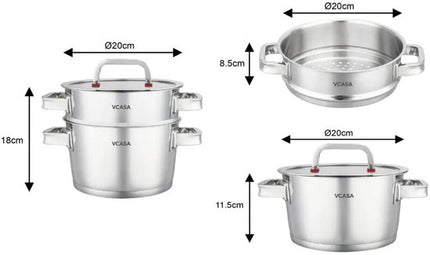 Vcasa 3-delige stoompan set 20 cm met glazen deksel, rvs