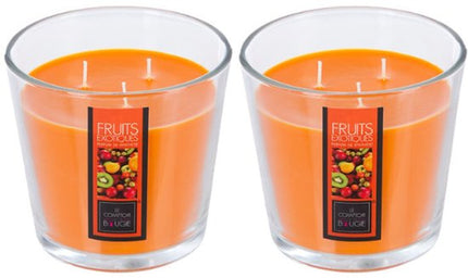 Geurkaars - Parfumkaars - Grote Geurkaars in Glazen Pot - Set van 2 - Exotic Fruit Geur - voor Luxe Woonaccessoire - 500g - 13,5 x 12,5 cm - Transparant