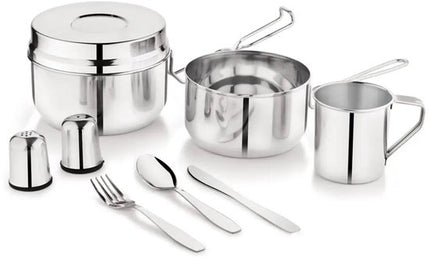 Kinghoff - KH-2060 - 9-Delig Camping Kookset - Kampeerset met Kookpan 1,5L, Mok 0,5L & Bakje 1,1L - Campingservies met Bestek, Mes, Vork & Lepel - Inclusief Zout- en Peperstrooiers - Reis- & Outdoor Set voor Camper en Tent - RVS