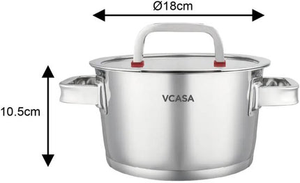 Vcasa kookpan 18 cm met glazen afgietdeksel, rvs, 2 liter, alle warmtebronnen