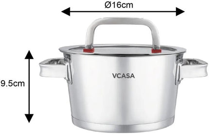 Vcasa kookpan 16 cm met glazen afgietdeksel, 1,6 liter, rvs