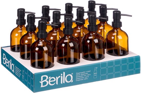 Zeepdispenser Glas - Kristal Zeepdispenser - Handzeep Pompje met Zwarte Pomp - Navulbare Lotion Dispenser - Badkamer Accessoire - Rond - 500ml - 7.4 x 9.5 x 21.4 cm - Bruin