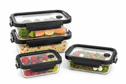 Vershoudbakjes Glas Set van 4 - Meal Prep Bakjes - Glazen Lunchbox met Deksel - 2x 0.5L & 2x 1.3L