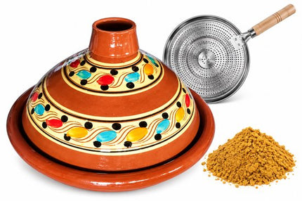Marokkaanse tajine 35 cm van aardewerk met vlammenverdeler en Ras el Hanout