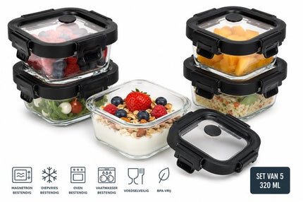 Vershoudbakjes Glas Set van 5 - Kleine Meal Prep Bakjes 320ml - Glazen Snackbakjes met Deksel - Lunchbox - Zwarte Deksel
