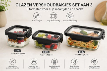 Vershoudbakjes Glas Set van 3 - Meal Prep Bakjes - Glazen Lunchbox met Deksel - 0.32L, 0.37L & 0.5L