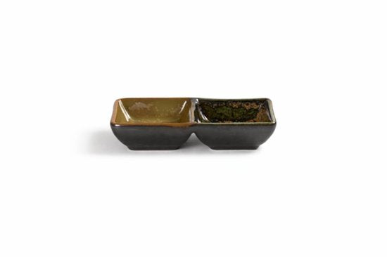 MPLCo - Ondes Dubbele Dip Schaaltje - Set van 2 - Dubbele Kom voor Saus & Tapas - Sushi Schaaltje 2 Vakken - Dip Bowl Keramiek - Vaatwasser & Magnetron Bestendig - 50ml - ca. 14 x 7.5 x 3 cm - Aardetinten