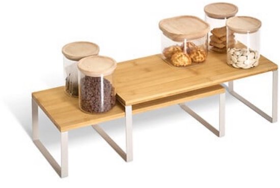 Ordera Nestplanken Set van 2 - Bamboe en Kleimetaal - Aanrechtorganizer - Groot en Klein Formaat - Opbergrekjes Keuken - set van 2 - inschuifbaar - Etagiere