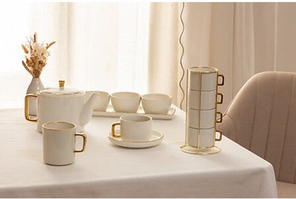 Secret de Gourmet Koffiemokken Athena - 1x stuks - Keramiek - wit/goud - 350 ml - 8 x 9 cm