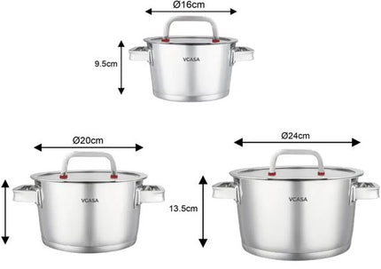 Pannenset 6-delig van 304 rvs met glazen deksels, Ø16, Ø20 en Ø24 cm