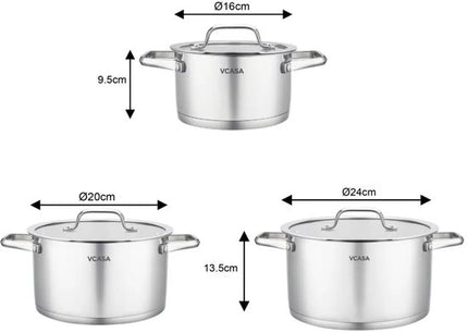 Vcasa pannenset 6-delig van rvs met glazen afgietdeksels, Ø16, Ø20 en Ø24 cm